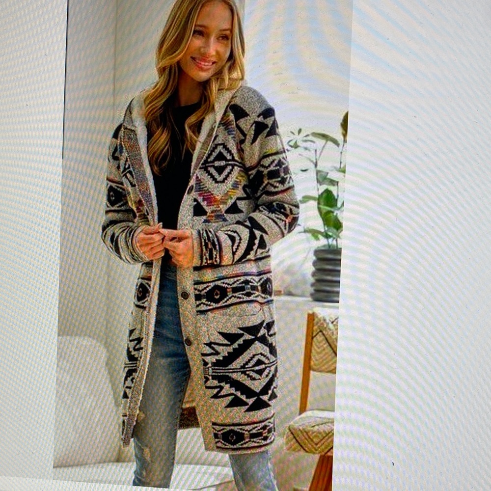 ON BLUE Aztec Tribal Long Sherpa Lined Hooded Cardigan Sweater size S